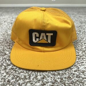 Vintage CAT Hat Cap Snap Back Mens One Size Yellow Mesh Trucker Foam USA 80s